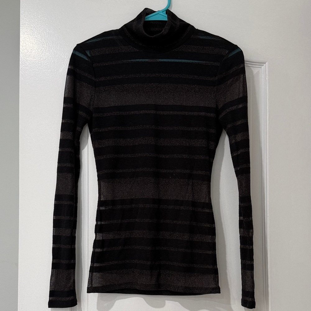 BCBGMaxAzria Black and Charcoal Striped Sheer Turtleneck Top